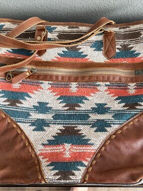 Myra Bag Multicolor Southwestern Shoulder Tote with Brown Leather Trim